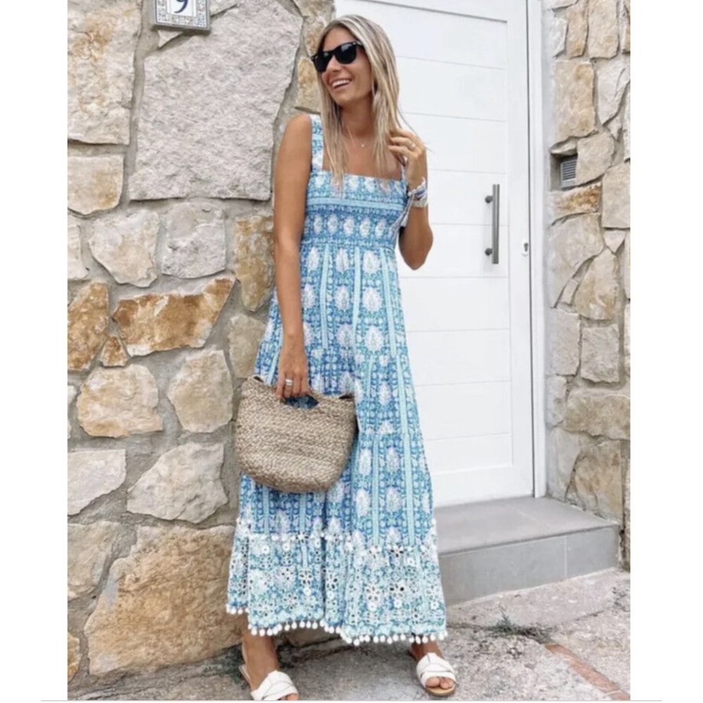 ZARA LONG PRINTED DRESS STRAP RUFFLED EMBROIDERED POMPOM BLUE 5598/241 ALL SIZES